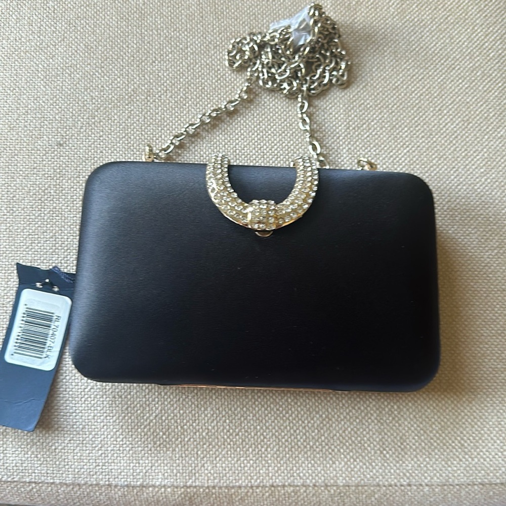 Black satin clutch.